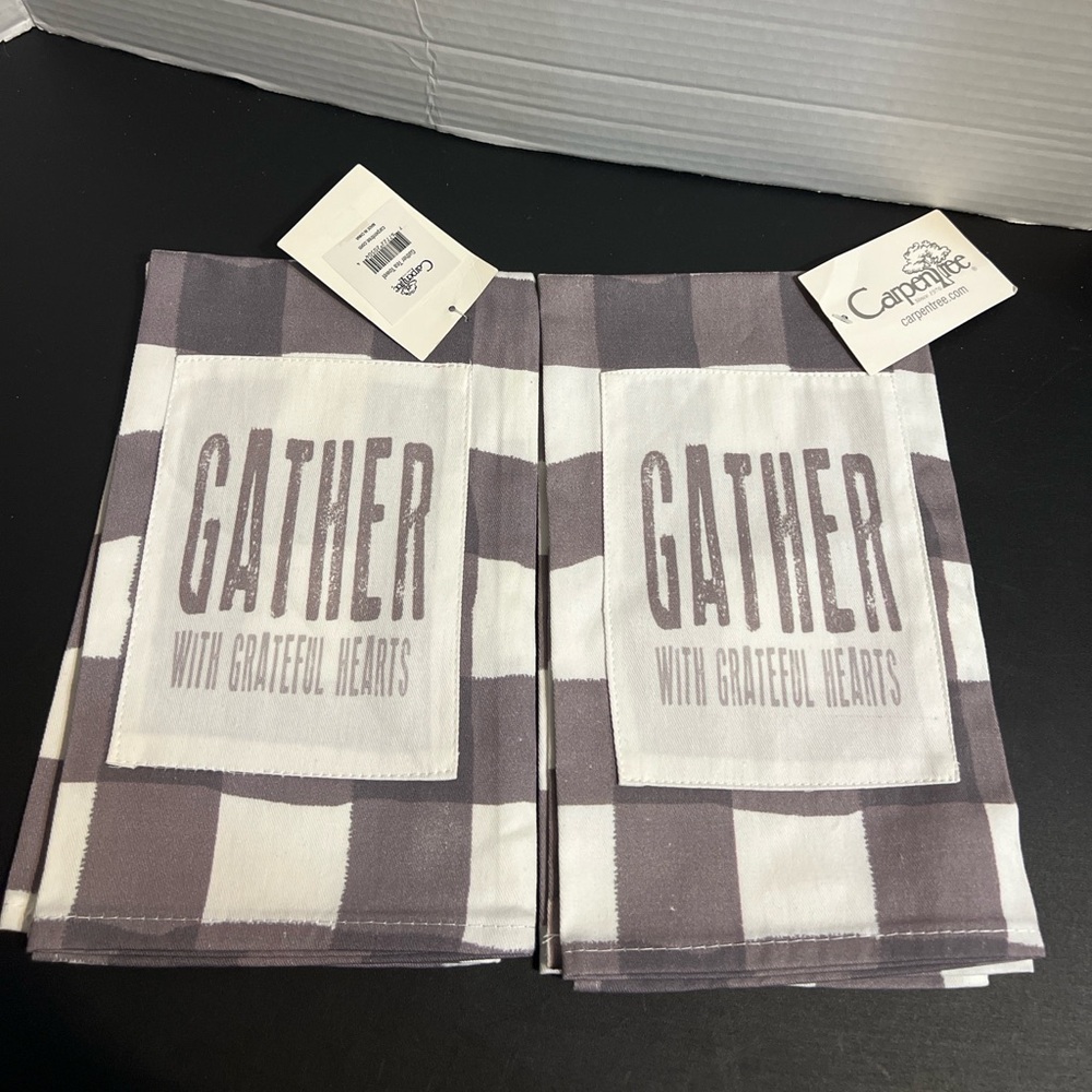 Carpentree Two “Gather with Grateful Hearts” Tea Towels Farmhouse Kitchen Decor